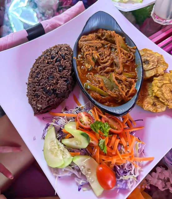 Cuban plate with rice, beans and plantains